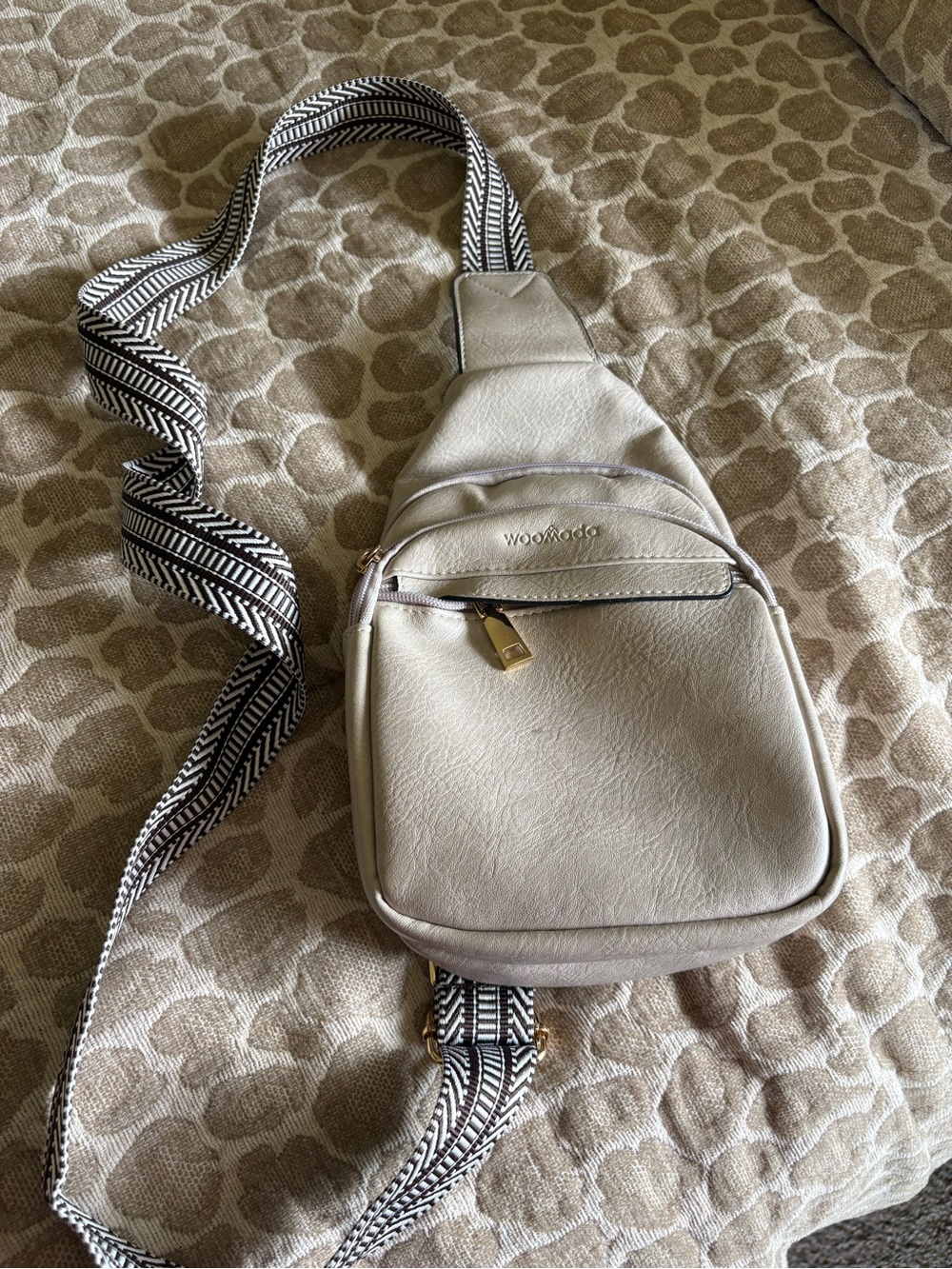 Woomada Beige Crossbody Sling Bag with Patterned Strap